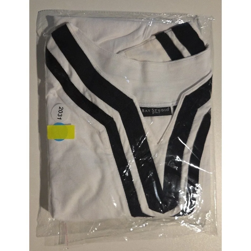 Bay Studio Plus‎ White Black Striped V-Neck, 3/4 Sleeve Top, Women's 1X Tunic